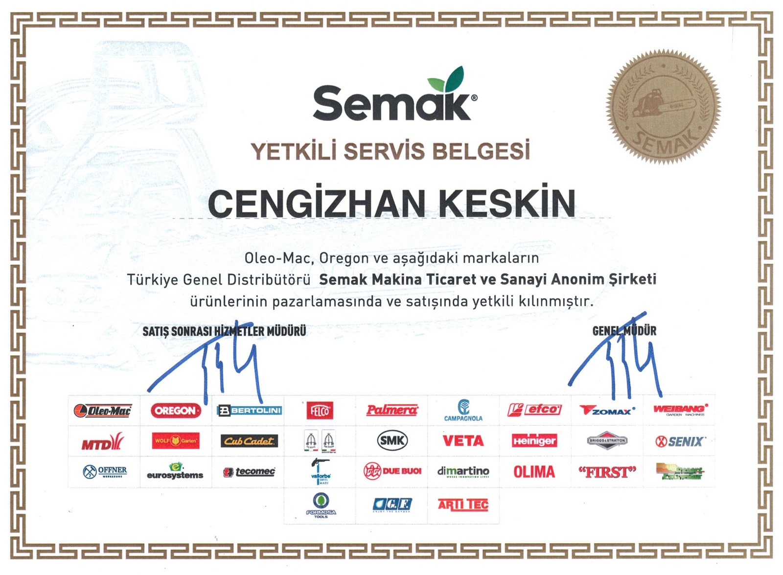 SEMAK YETKİLİ SERVİS BELGESİ